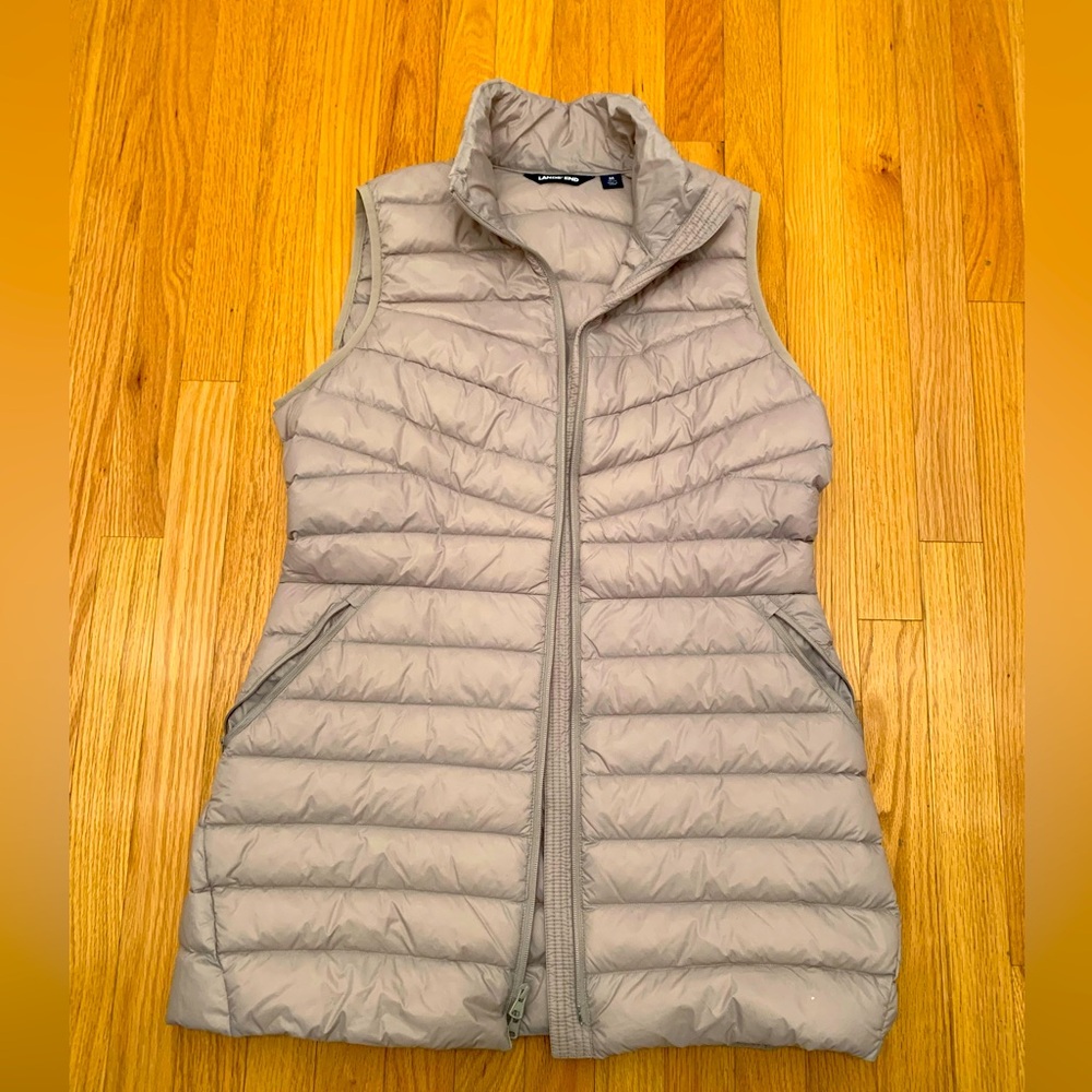 Lands End Medium Longer Puffer Vest Taupe